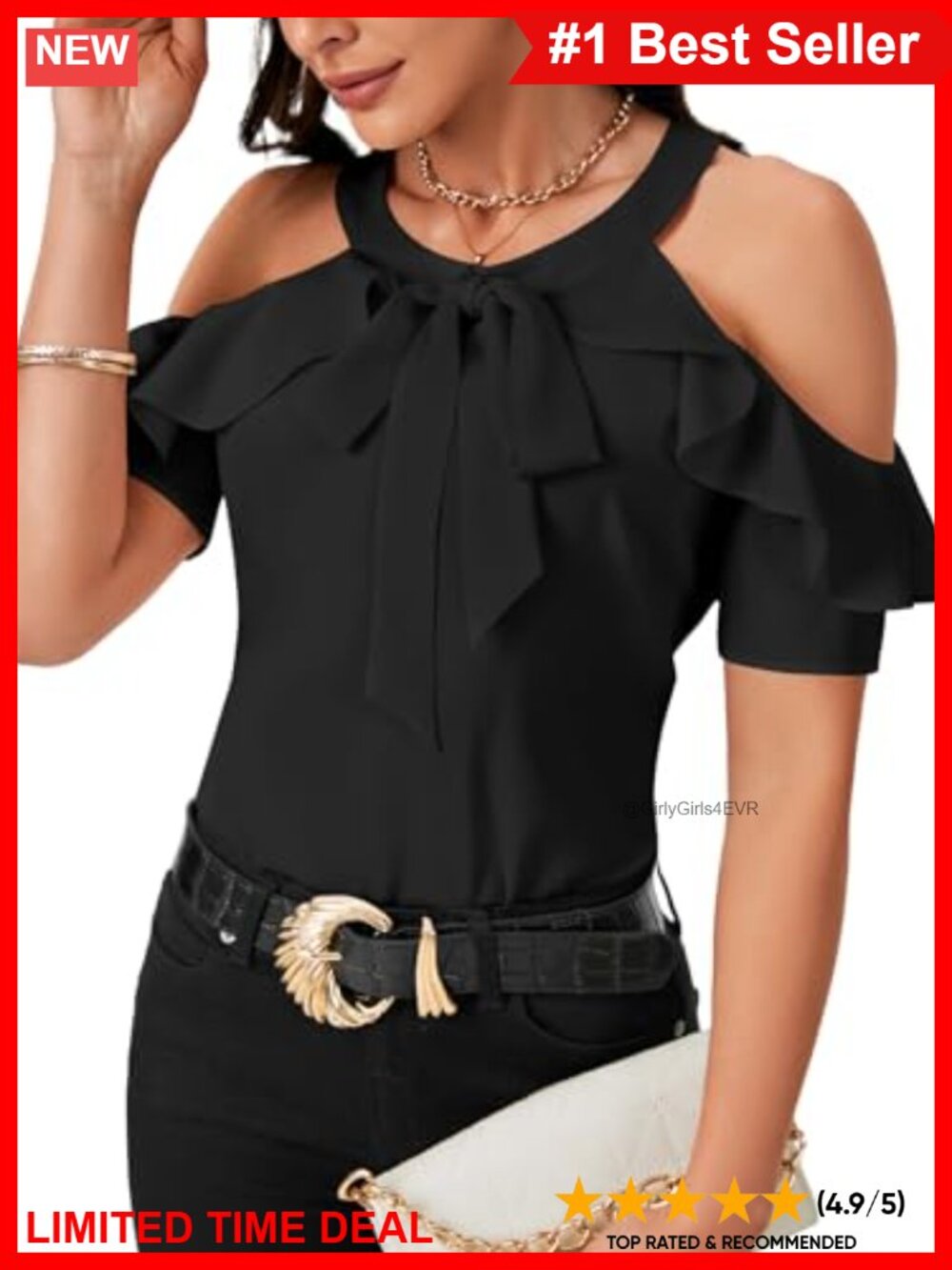 Rooscier Womens Cold Shoulder Tie Knot Blouse Ruffle Hem Short Sleeve Business